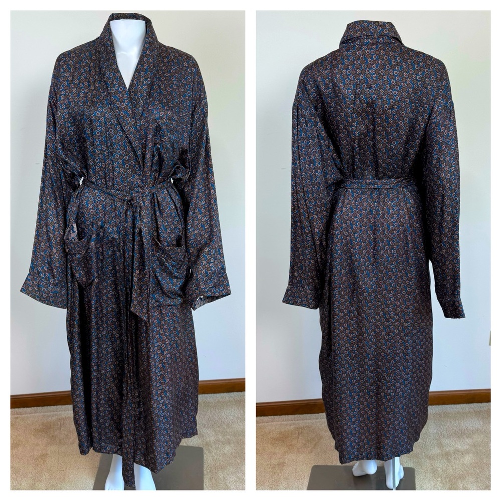 Max Deco 100% Silk Robe Geometric Print Belted Lounge Vintage S M